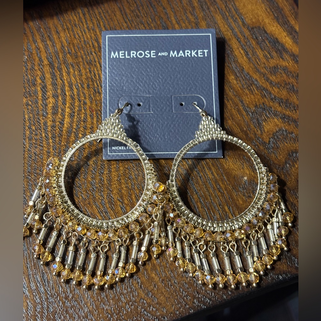 Melrose And Market Earrings Gold Tone Seed Beads And Rhinestones 3” Drop Nwt